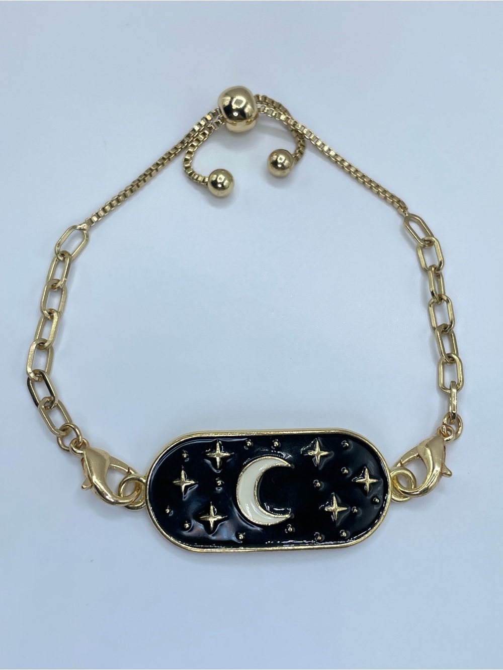 Gold Tone Black Enamel Crescent Moon Stars Celestial Chain Link Bolo Bracelet